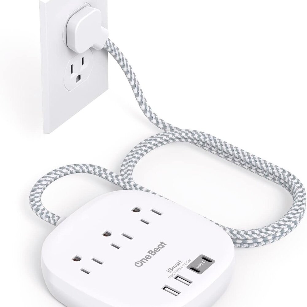 Flat Plug Power Strip, 6ft Ultra Flat Extension Cord - 3 Outlets 4 USB Ports 2 U